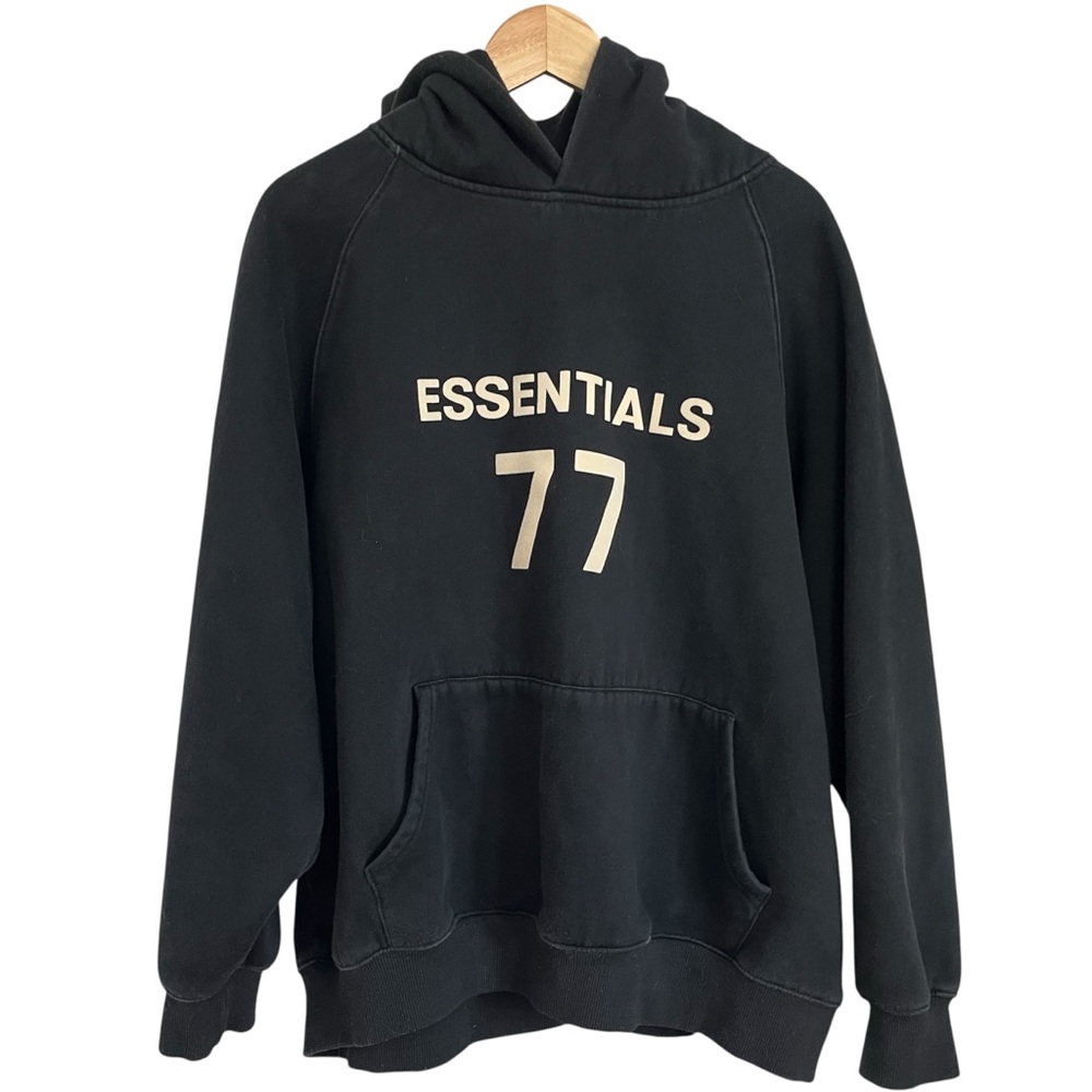 Essentials Fear of God Black Hoodie with Cream 77 Logo | ESSENTIALS